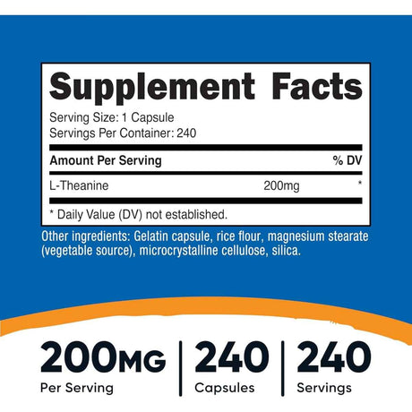 Tabla nutricional del suplemento Nutricost L-Teanina 200 mg 240 cápsulas