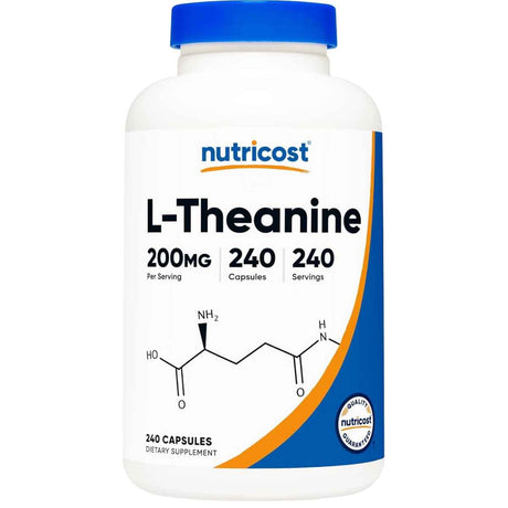 Frasco de suplemento Nutricost L-Teanina 200 mg 240 cápsulas