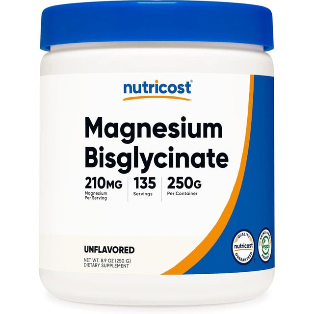 Envase frontal de Nutricost Magnesio bisglicinato en polvo sin sabor, presentación de 250 g