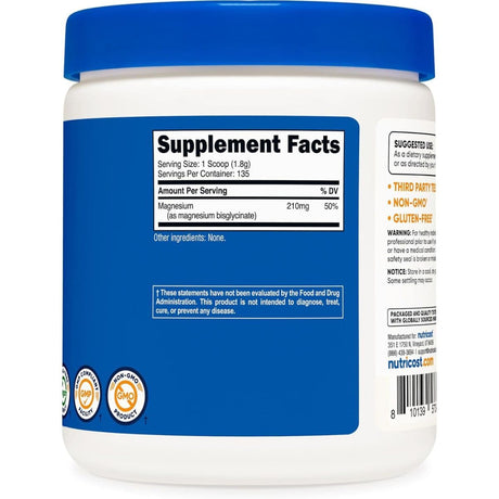 Panel de información del suplemento de Nutricost Magnesio bisglicinato en polvo, con datos de porción e ingredientes
