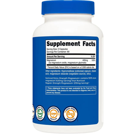 Información del suplemento de Nutricost Magnesium+ de 120 cápsulas con óxido y glicinato de magnesio