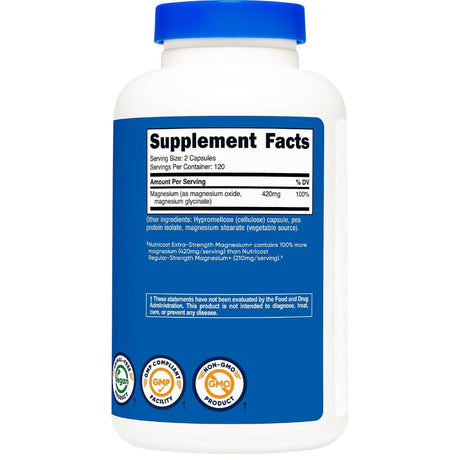 Información del suplemento de Nutricost Magnesium+ de 240 cápsulas con óxido y glicinato de magnesio