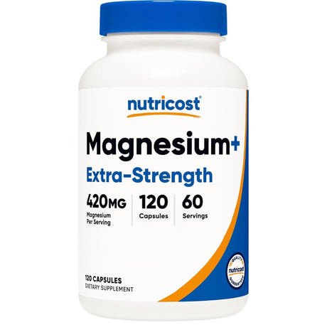 Frasco frontal de Nutricost Magnesium+ con 420 mg de magnesio por porción y 120 cápsulas