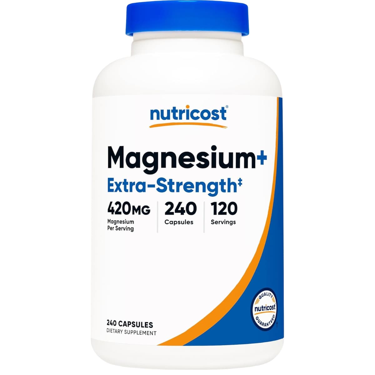 Frasco frontal de Nutricost Magnesium+ con 420 mg de magnesio por porción y 240 cápsulas