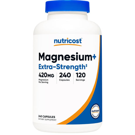 Frasco frontal de Nutricost Magnesium+ con 420 mg de magnesio por porción y 240 cápsulas