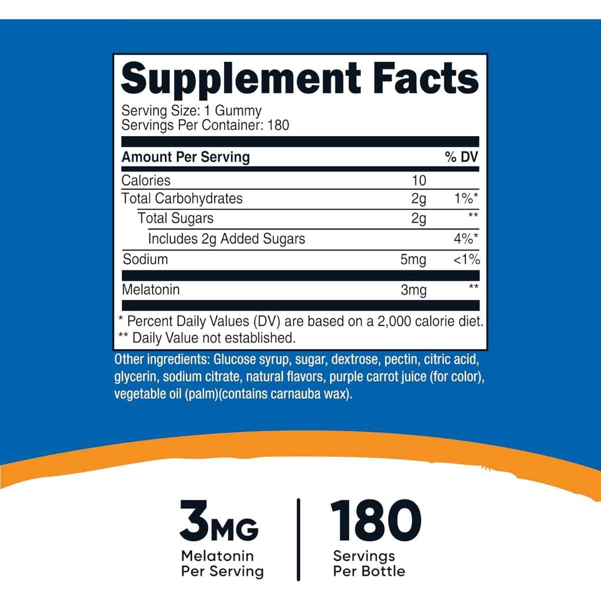 Tabla nutricional del suplemento Nutricost Melatonina Fresa 3 mg 180 gomitas