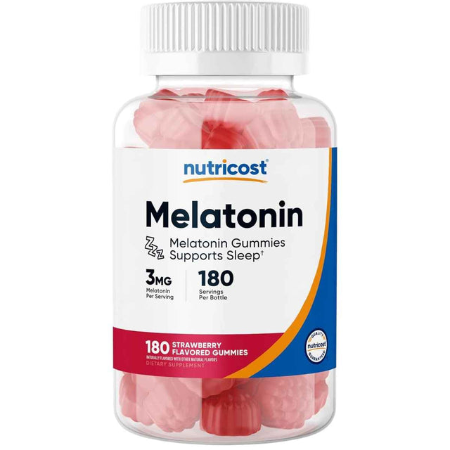Frasco de suplemento Nutricost Melatonina Fresa 3 mg 180 gomitas