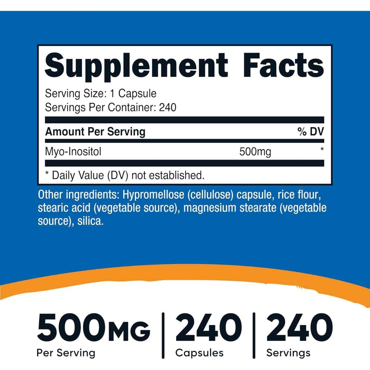 Tabla nutricional del suplemento Nutricost Mio-Inositol 500 mg 240 cápsulas