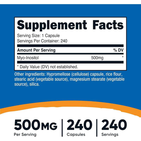 Tabla nutricional del suplemento Nutricost Mio-Inositol 500 mg 240 cápsulas