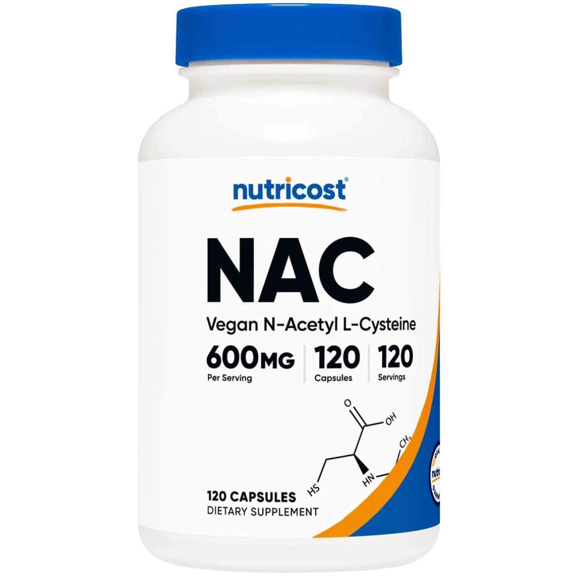 Frasco de suplemento Nutricost N-Acetil L-Cisteína (NAC) 120 cápsulas vegetales