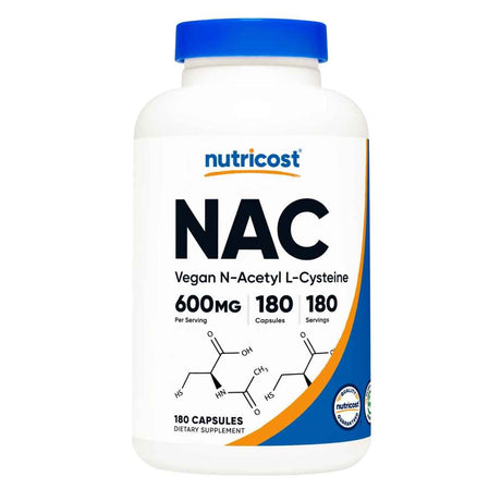 Frasco de suplemento Nutricost N-Acetil L-Cisteína (NAC) 180 cápsulas vegetales