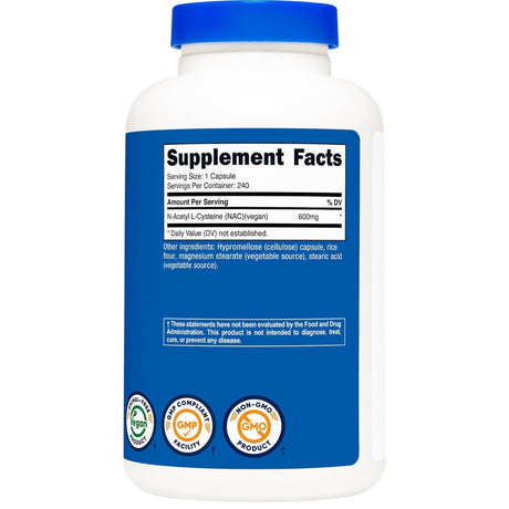 Tabla nutricional del suplemento Nutricost N-Acetil L-Cisteína (NAC) 240 cápsulas vegetales