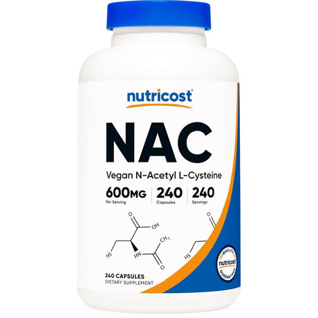 Frasco de suplemento Nutricost N-Acetil L-Cisteína (NAC) 240 cápsulas vegetales