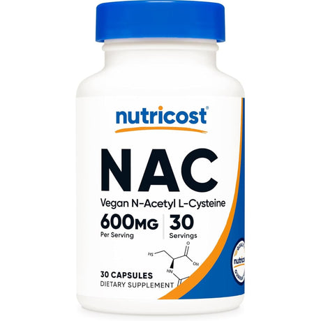 Frasco de suplemento Nutricost N-Acetil L-Cisteína (NAC) 30 cápsulas vegetales
