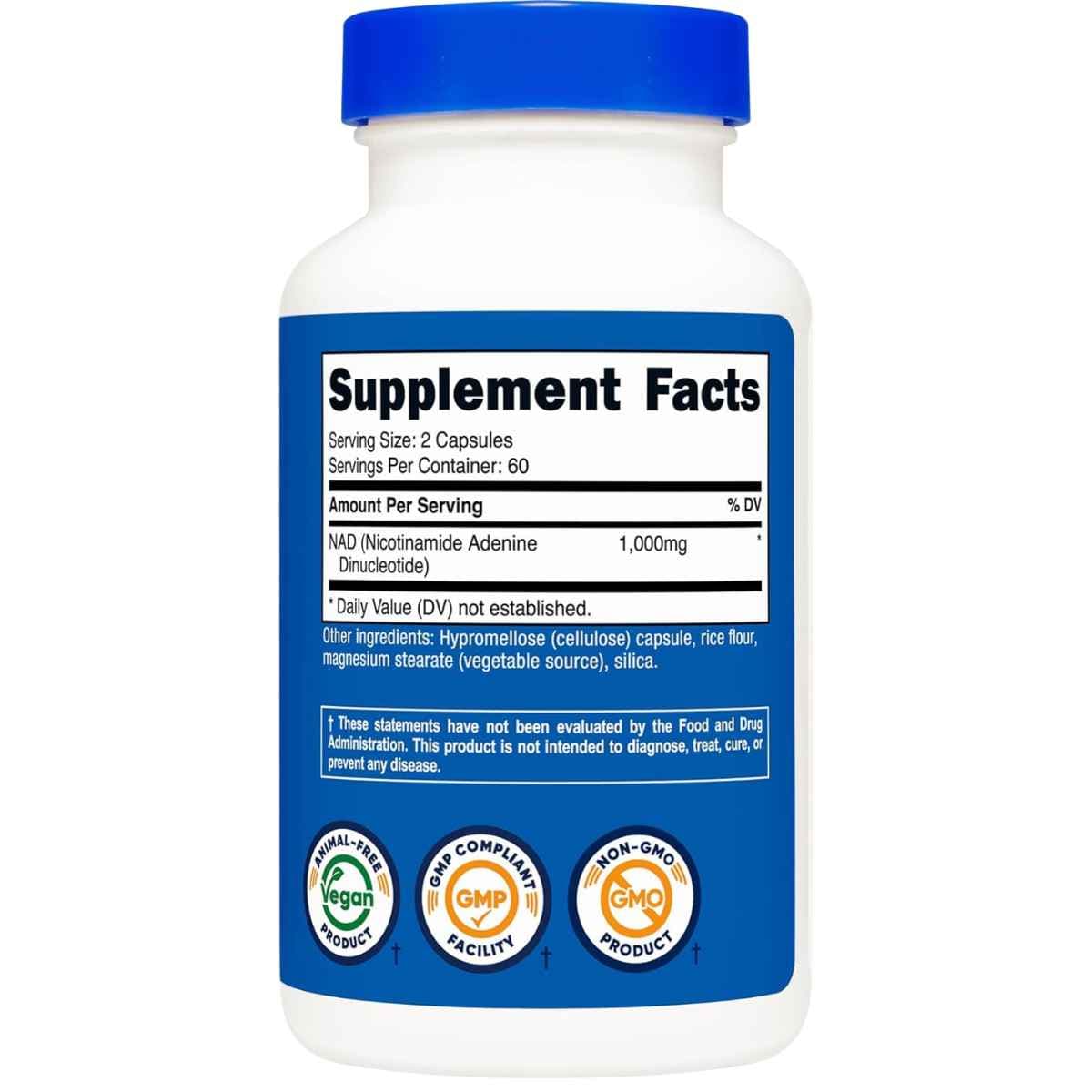 Etiqueta posterior de Nutricost NAD+ 1000 mg con tabla de información del suplemento y código de barras.
