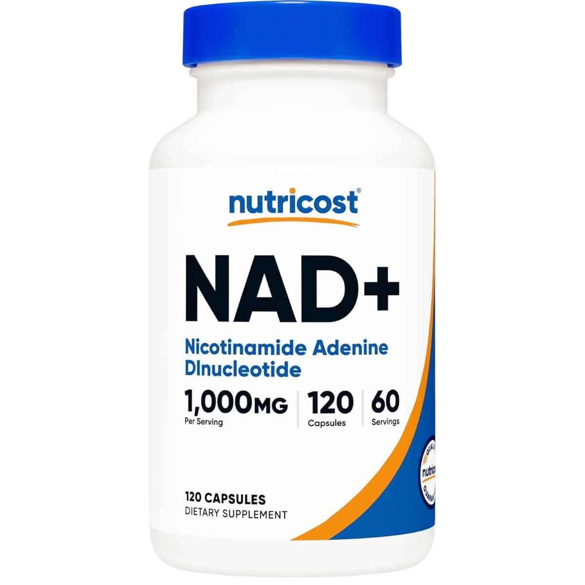 Frasco frontal de Nutricost NAD+ 1000 mg por porción, presentación de 120 cápsulas.