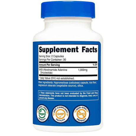 Etiqueta posterior de Nutricost NAD+ 1000 mg con modo de uso, advertencias y código de barras.