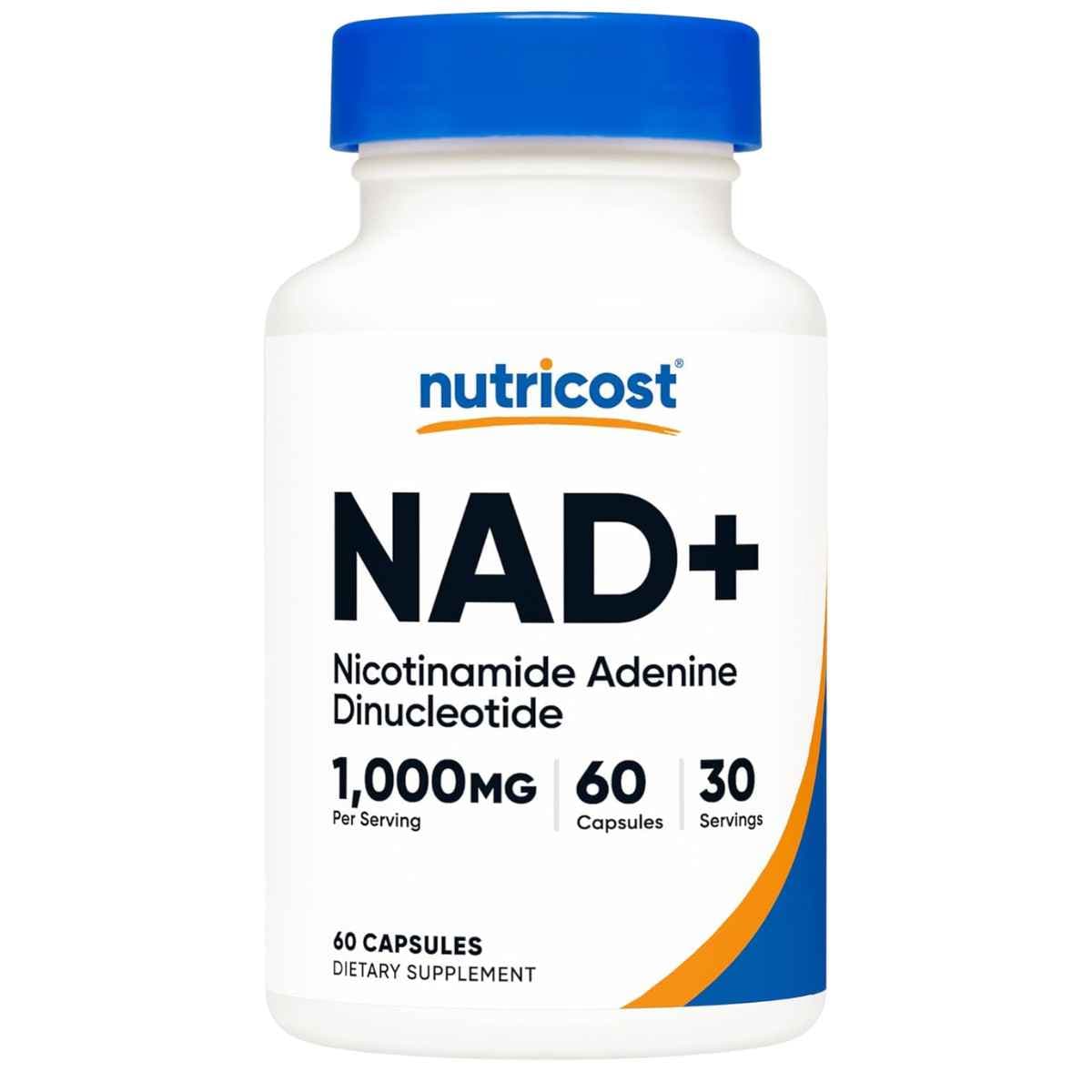 Frasco frontal de Nutricost NAD+ 1000 mg por porción, presentación de 60 cápsulas.