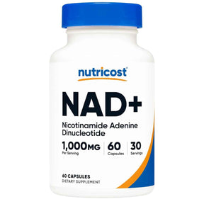 Frasco frontal de Nutricost NAD+ 1000 mg por porción, presentación de 60 cápsulas.
