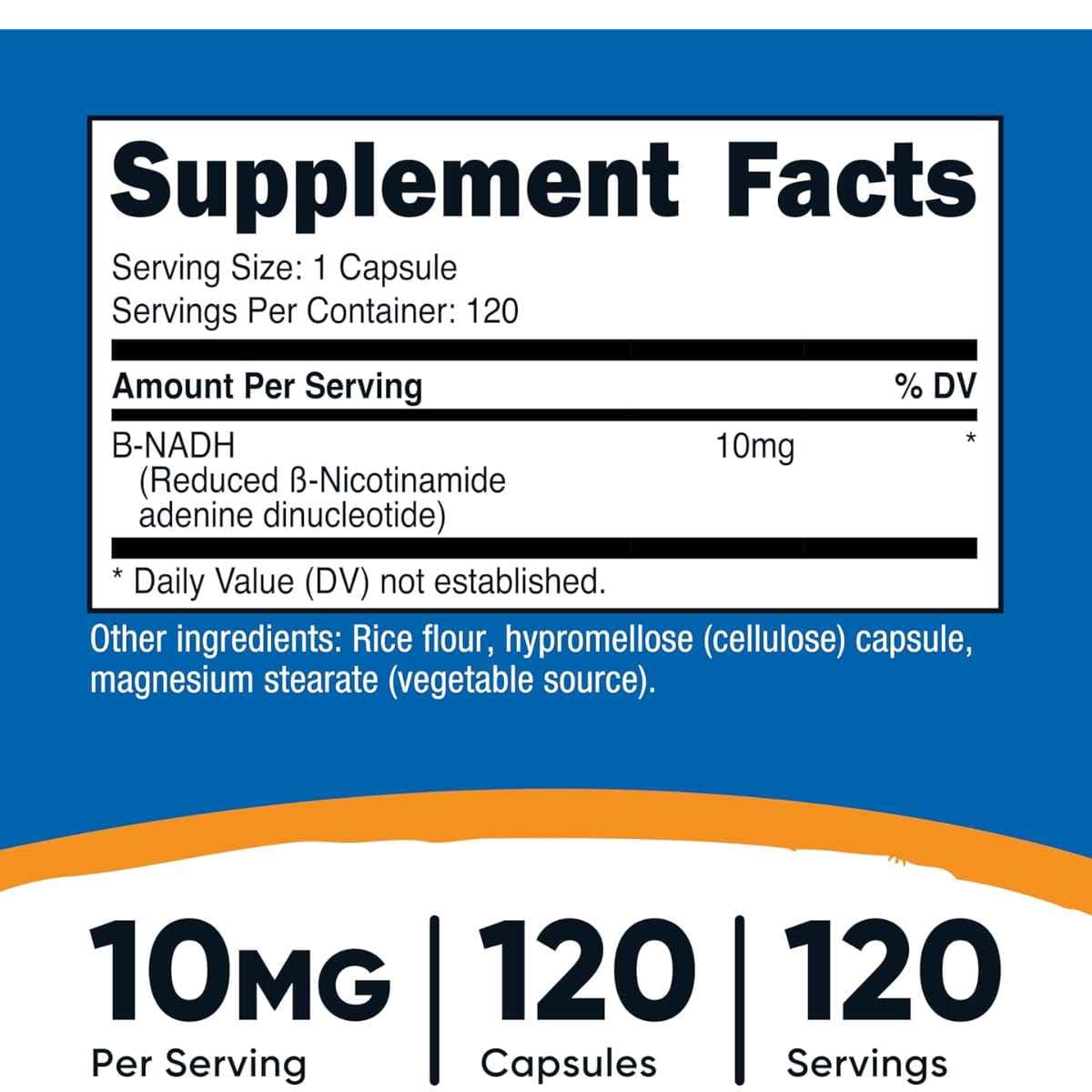 Tabla nutricional del suplemento Nutricost NADH 10mg 120 cápsulas