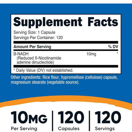 Tabla nutricional del suplemento Nutricost NADH 10mg 120 cápsulas