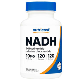Frasco de suplemento Nutricost NADH 10mg 120 cápsulas