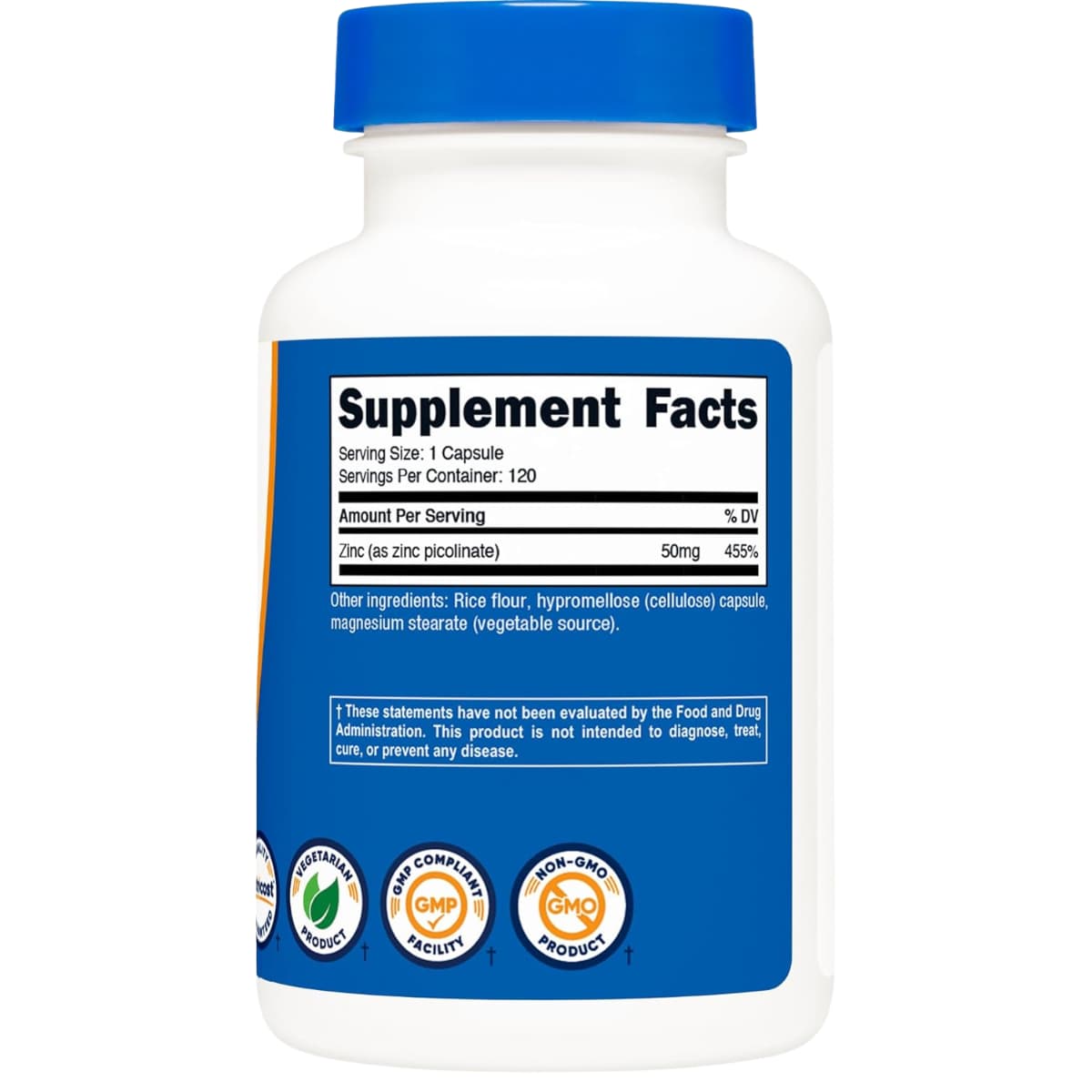 Tabla nutricional del suplemento Nutricost Picolinato de Zinc 50 mg 120 cápsulas