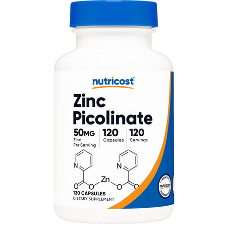 Frasco de suplemento Nutricost Picolinato de Zinc 50 mg 120 cápsulas