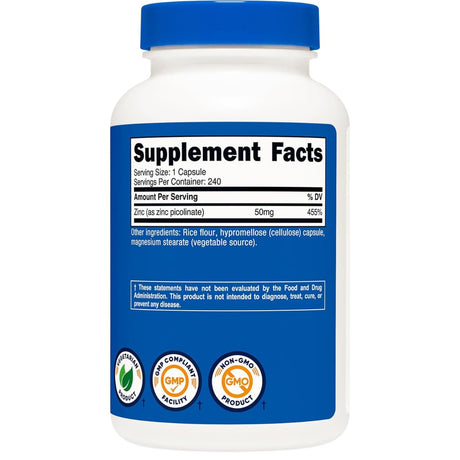 Tabla nutricional del suplemento Nutricost Picolinato de Zinc 50 mg 240 cápsulas