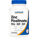 Frasco de suplemento Nutricost Picolinato de Zinc 50 mg 240 cápsulas