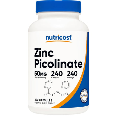 Frasco de suplemento Nutricost Picolinato de Zinc 50 mg 240 cápsulas