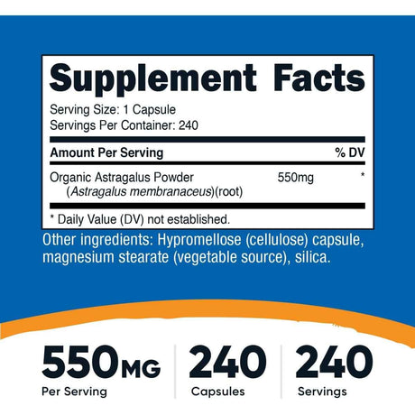 Nutricost - Raíz de Astrágalo (550 mg - 240 Cápsulas) - Tabla Nutricional y Suplemento