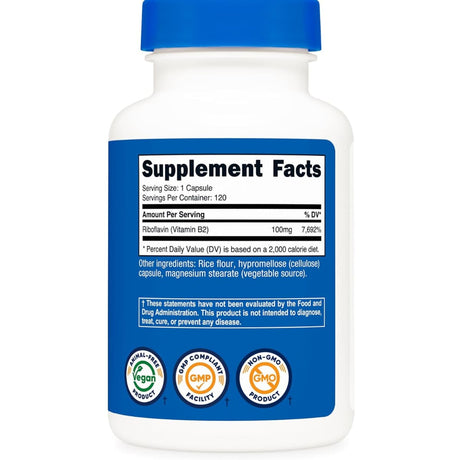 Tabla nutricional del suplemento Nutricost Riboflavina Vitamina B2 100mg 120 cápsulas