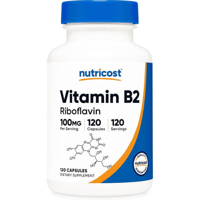 Frasco de suplemento Nutricost Riboflavina Vitamina B2 100mg 120 cápsulas