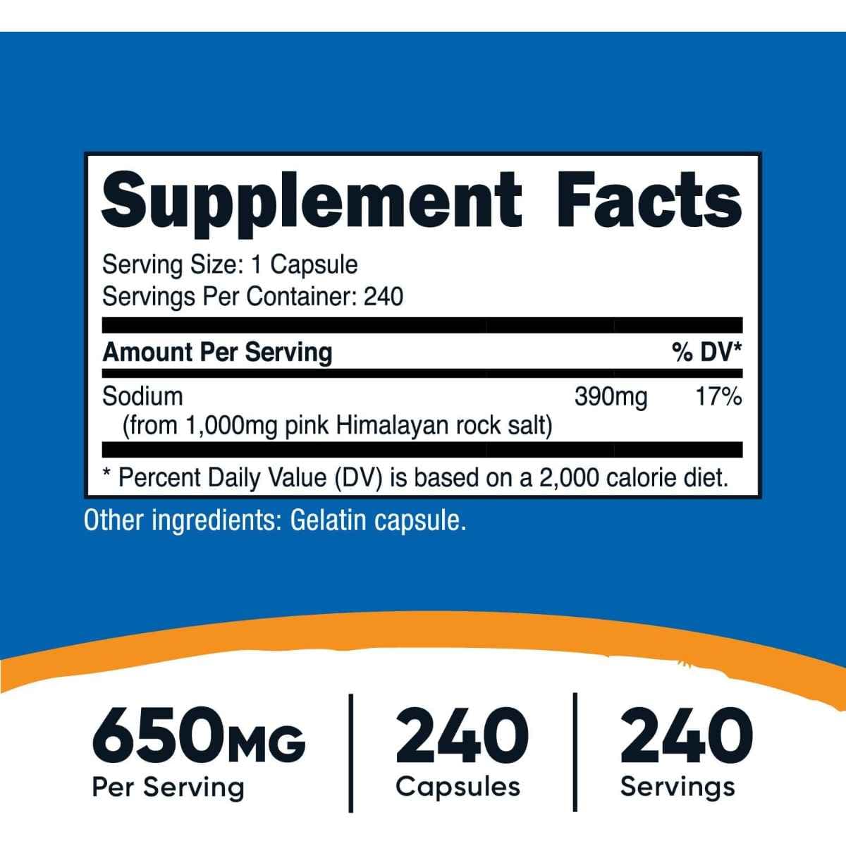 Tabla nutricional del suplemento Nutricost Sal Rosa del Himalaya 1.000 mg 240 cápsulas