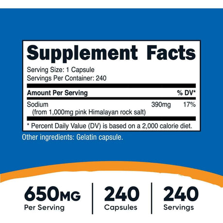 Tabla nutricional del suplemento Nutricost Sal Rosa del Himalaya 1.000 mg 240 cápsulas