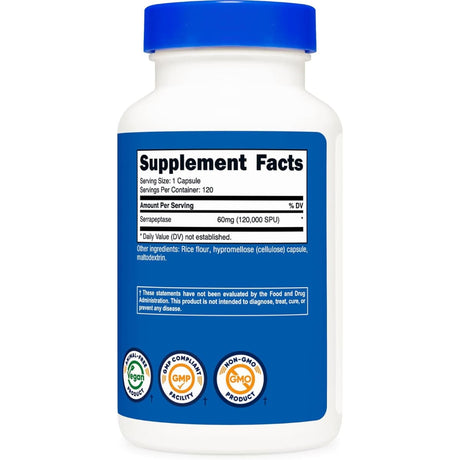 Tabla nutricional del suplemento Nutricost Serrapeptasa 120,000 SPU 120 cápsulas