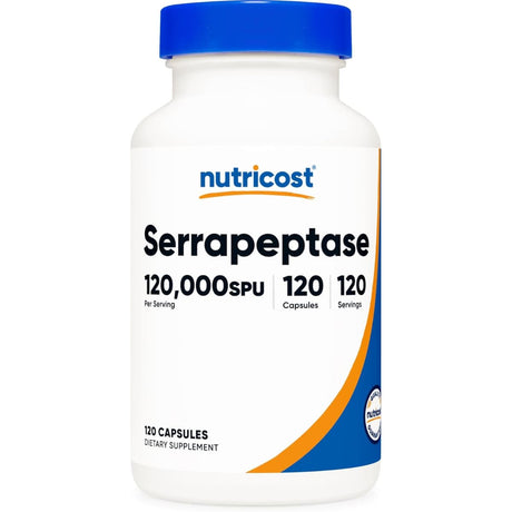 Frasco de suplemento Nutricost Serrapeptasa 120,000 SPU 120 cápsulas