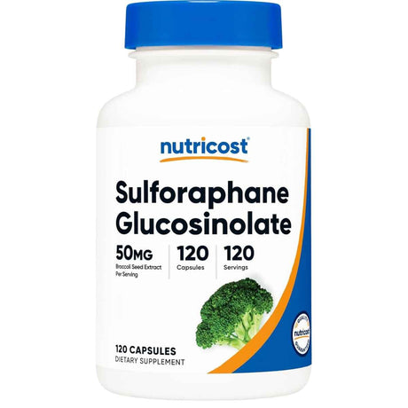 Frasco de suplemento Nutricost Sulforaphane Glucosinolate 50 mg 120 Cápsulas