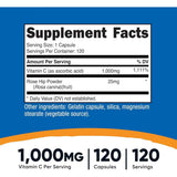 Tabla nutricional del suplemento Nutricost Vitamina C con Rosa Mosqueta 1000 mg 120 cápsulas