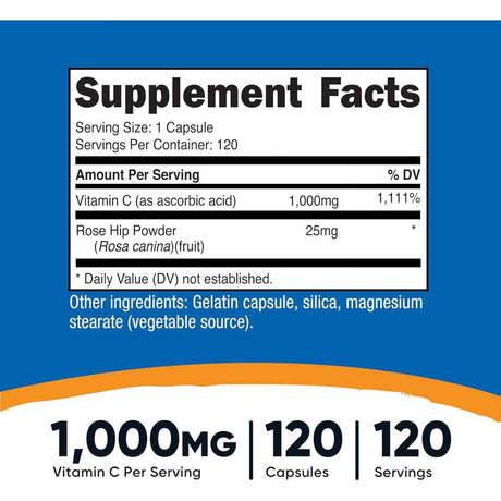 Tabla nutricional del suplemento Nutricost Vitamina C con Rosa Mosqueta 1000 mg 120 cápsulas
