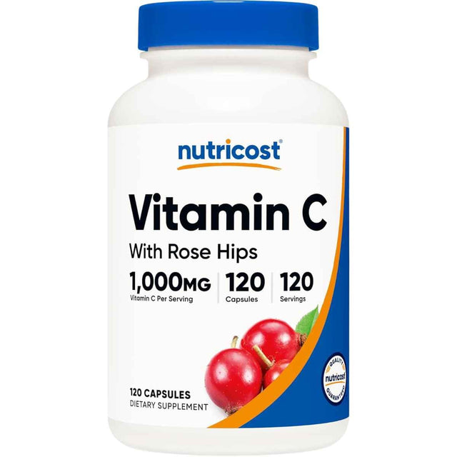 Frasco de suplemento Nutricost Vitamina C con Rosa Mosqueta 1000 mg 120 cápsulas