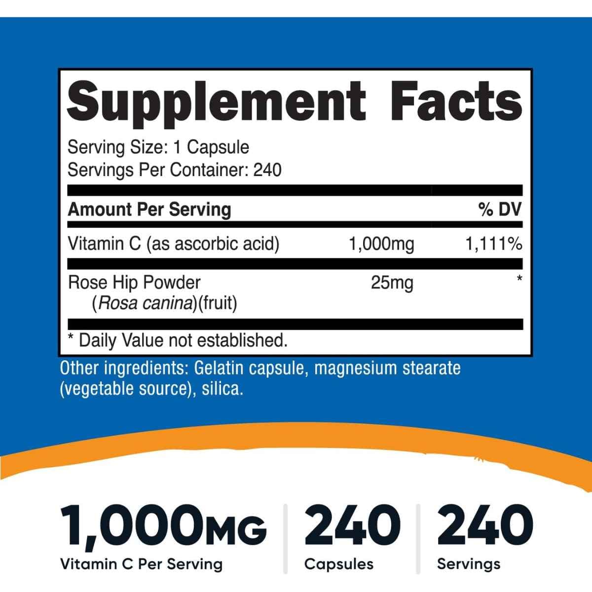 Tabla nutricional del suplemento Nutricost Vitamina C con Rosa Mosqueta 1000 mg 240 cápsulas