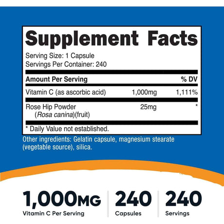 Tabla nutricional del suplemento Nutricost Vitamina C con Rosa Mosqueta 1000 mg 240 cápsulas