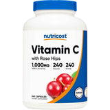 Frasco de suplemento Nutricost Vitamina C con Rosa Mosqueta 1000 mg 240 cápsulas