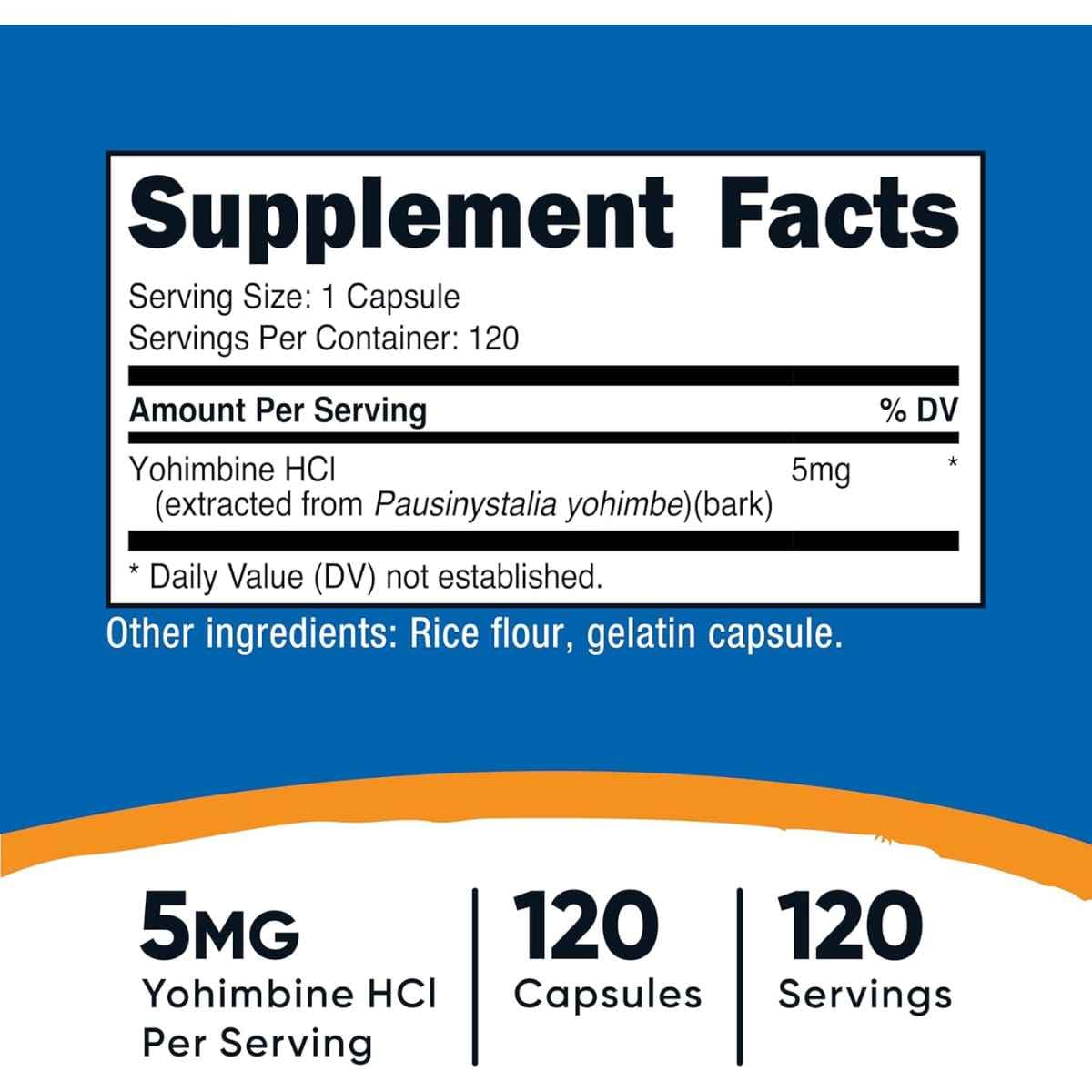 Tabla nutricional del suplemento Nutricost Yohimbine HCl 5 mg 120 cápsulas