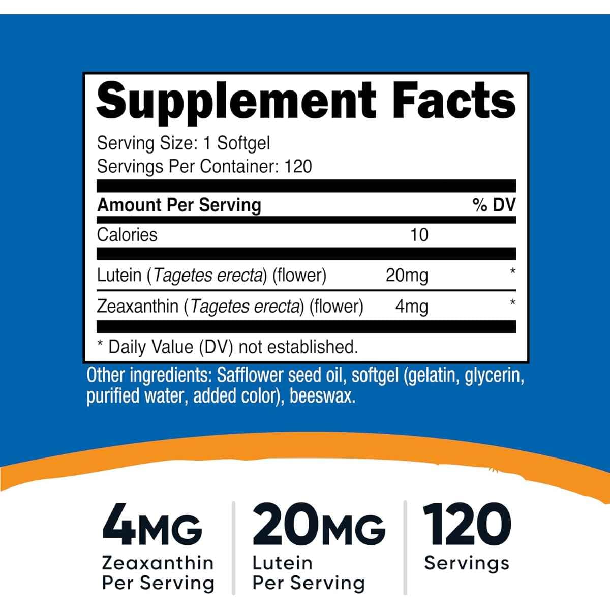 Tabla nutricional del suplemento Nutricost Zeaxantina con Luteína 120 cápsulas blandas