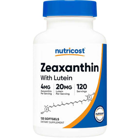 Frasco de suplemento Nutricost Zeaxantina con Luteína 120 cápsulas blandas