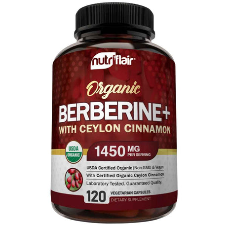 Frasco de suplemento NutriFlair Berberina Orgánica con Canela de Ceilán 1450 mg 120 Cápsulas