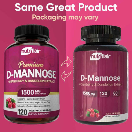 Comparación de dos diseños de empaque de nutriflair D-manosa con arándano y diente de león de 120 cápsulas